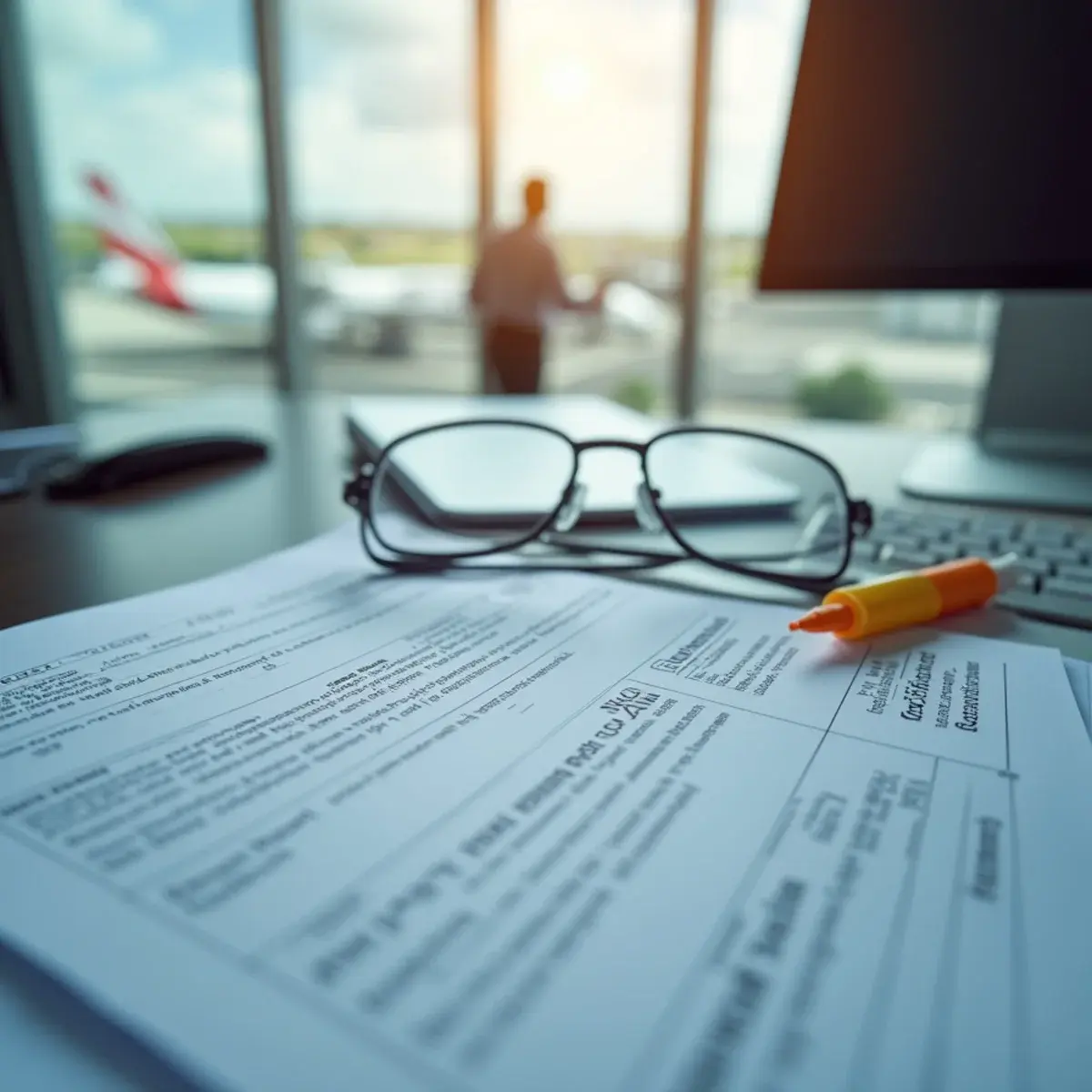 Flight Delays: What US Airlines Owe You, and What They Don't: a printed airline ticket and policy pages spread on a desk with a highlighter and reading glasses