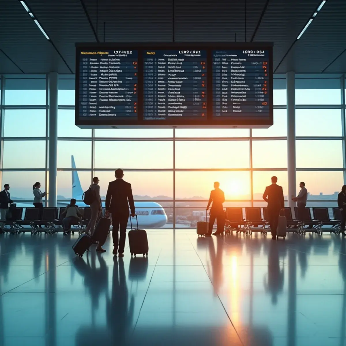 Airports guides: an airport departures hall with a large flight information board and travelers with luggage, soft daylight