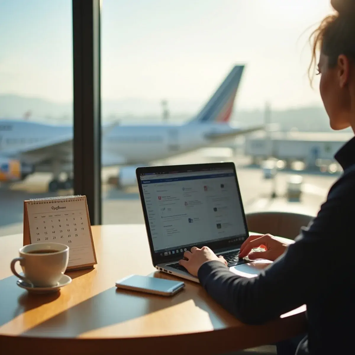 Missed Your Flight? What to Do in the Next Hour: a traveler comparing flight options on a laptop at a kitchen table with a calendar and coffee, morning light