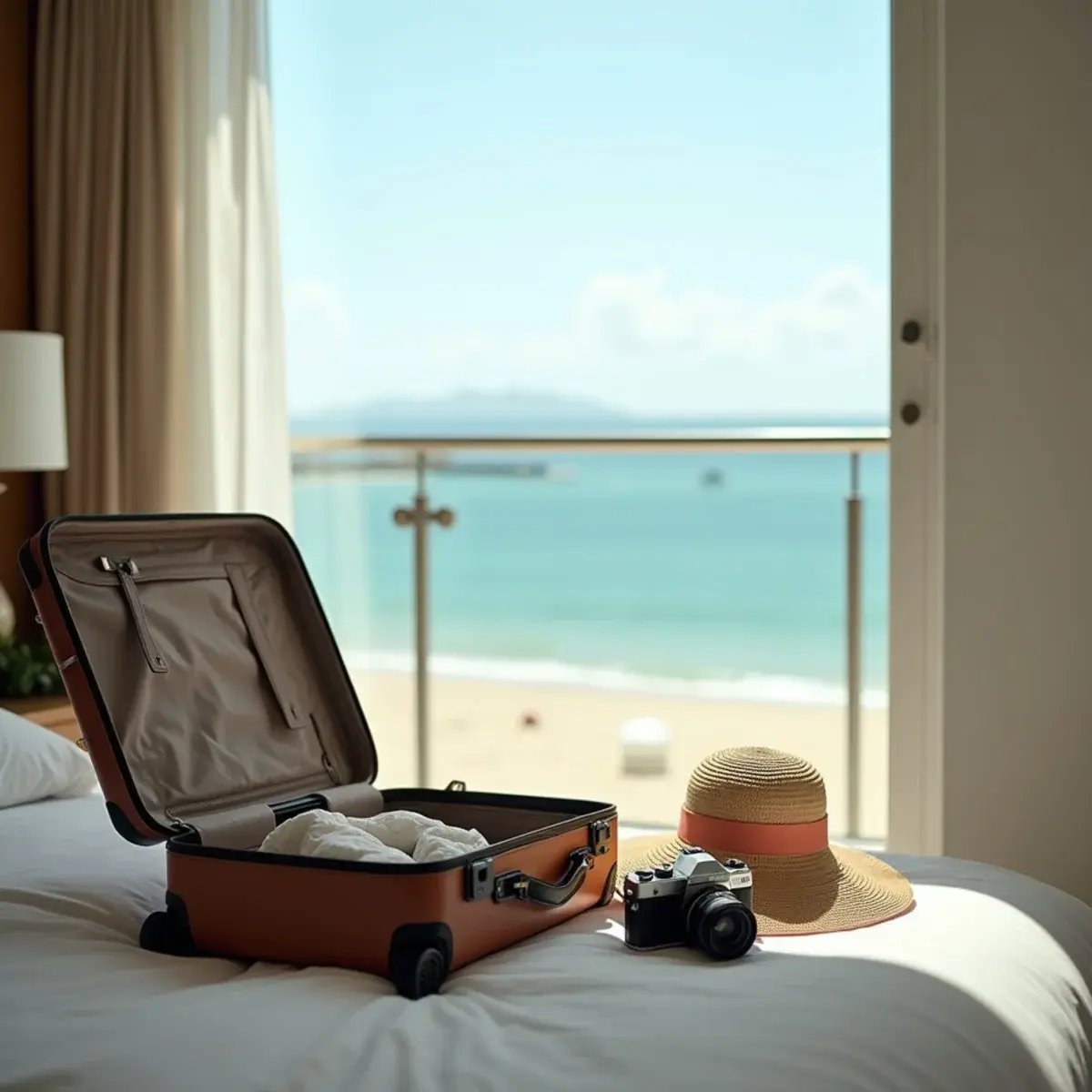 Destinations guides: a suitcase open on a hotel bed by a balcony with a beach view, sunhat and camera beside it