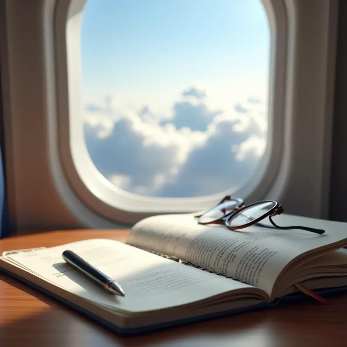 Flight booking guides: an open travel notebook with a pen, boarding pass, and reading glasses on a wooden table beside a window seat view of clouds