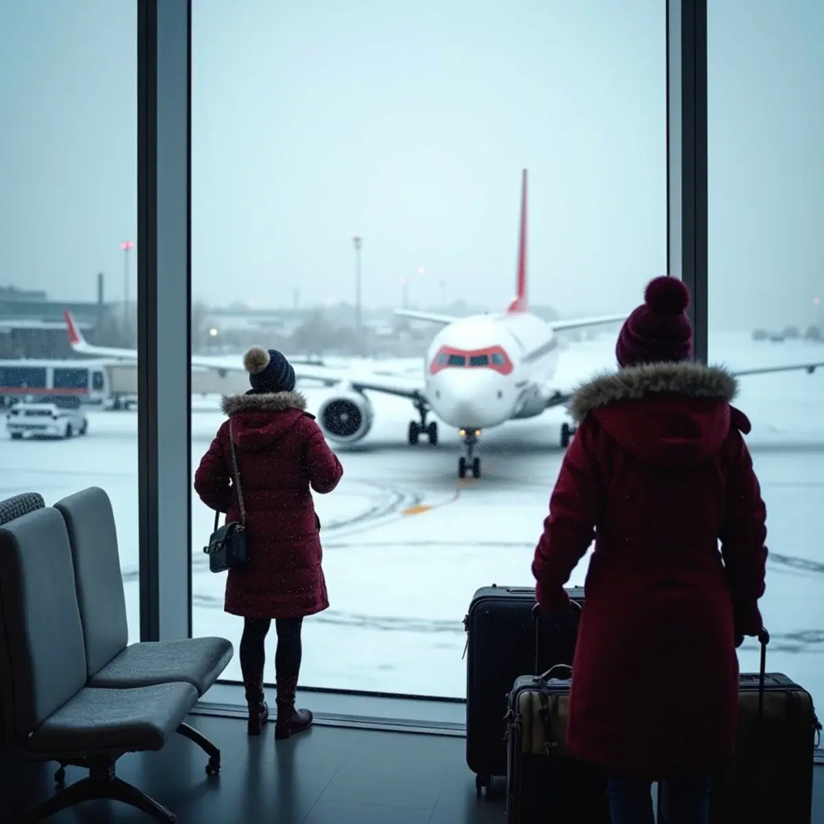 Seasonal guides: a snowy airport window with a jet at the gate and holiday travelers in winter coats waiting