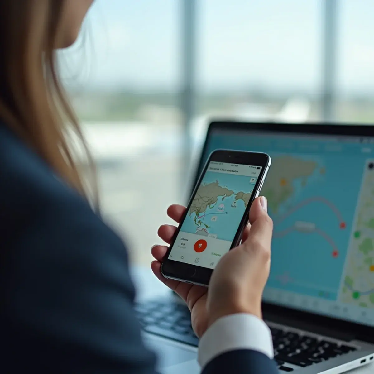 How It Works: a close-up of a hand holding a phone with a call in progress next to a laptop showing a flight route map