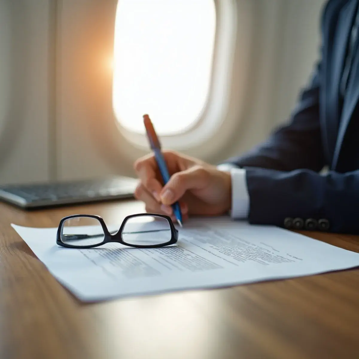 Refunds and Cancellations Policy: a neat desk with a printed document, reading glasses, and a pen, soft window light, no readable text