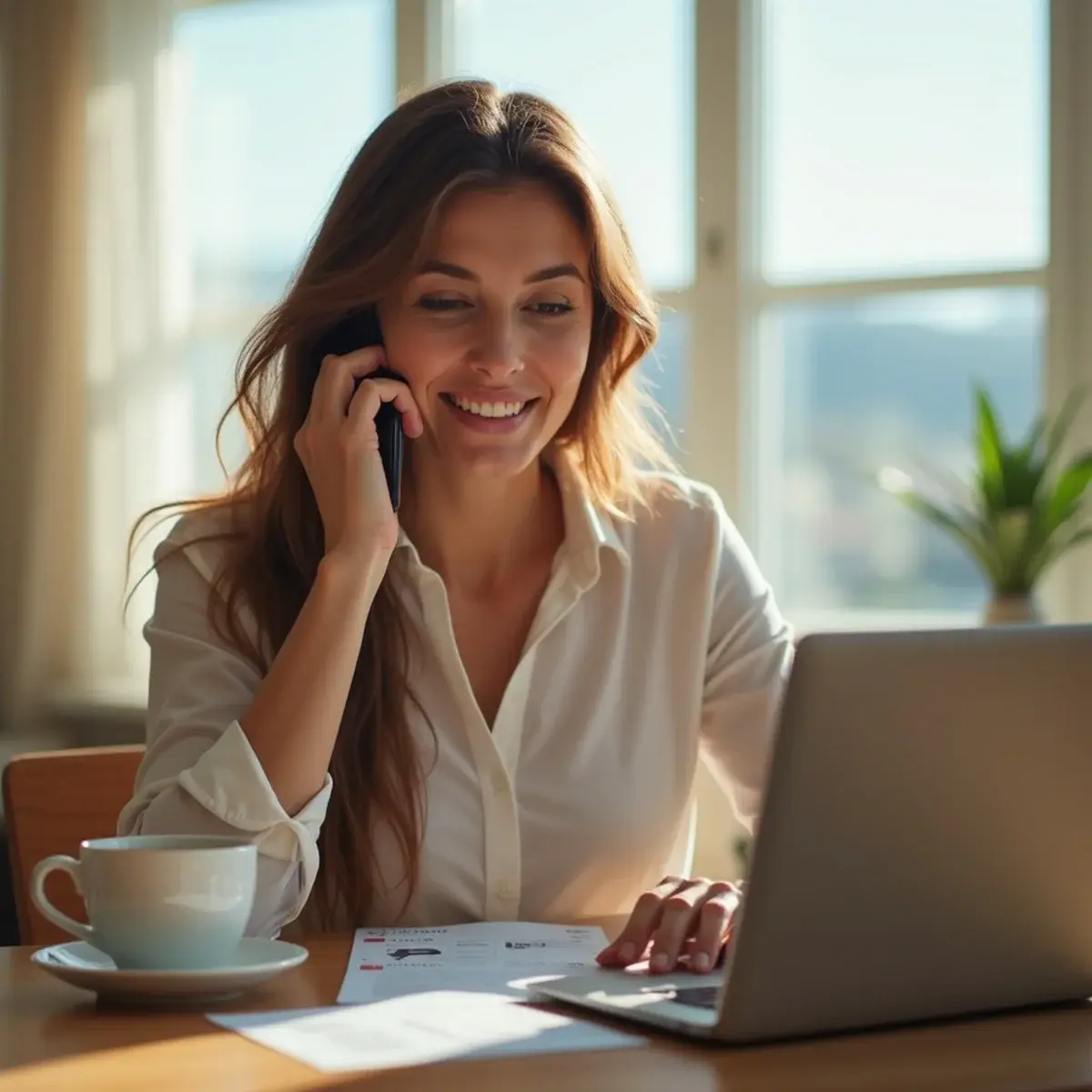Manage My Booking: a person at home holding a phone to their ear while looking at an airline itinerary on a laptop, boarding pass and coffee on the table, calm reassured expression, warm daylight
