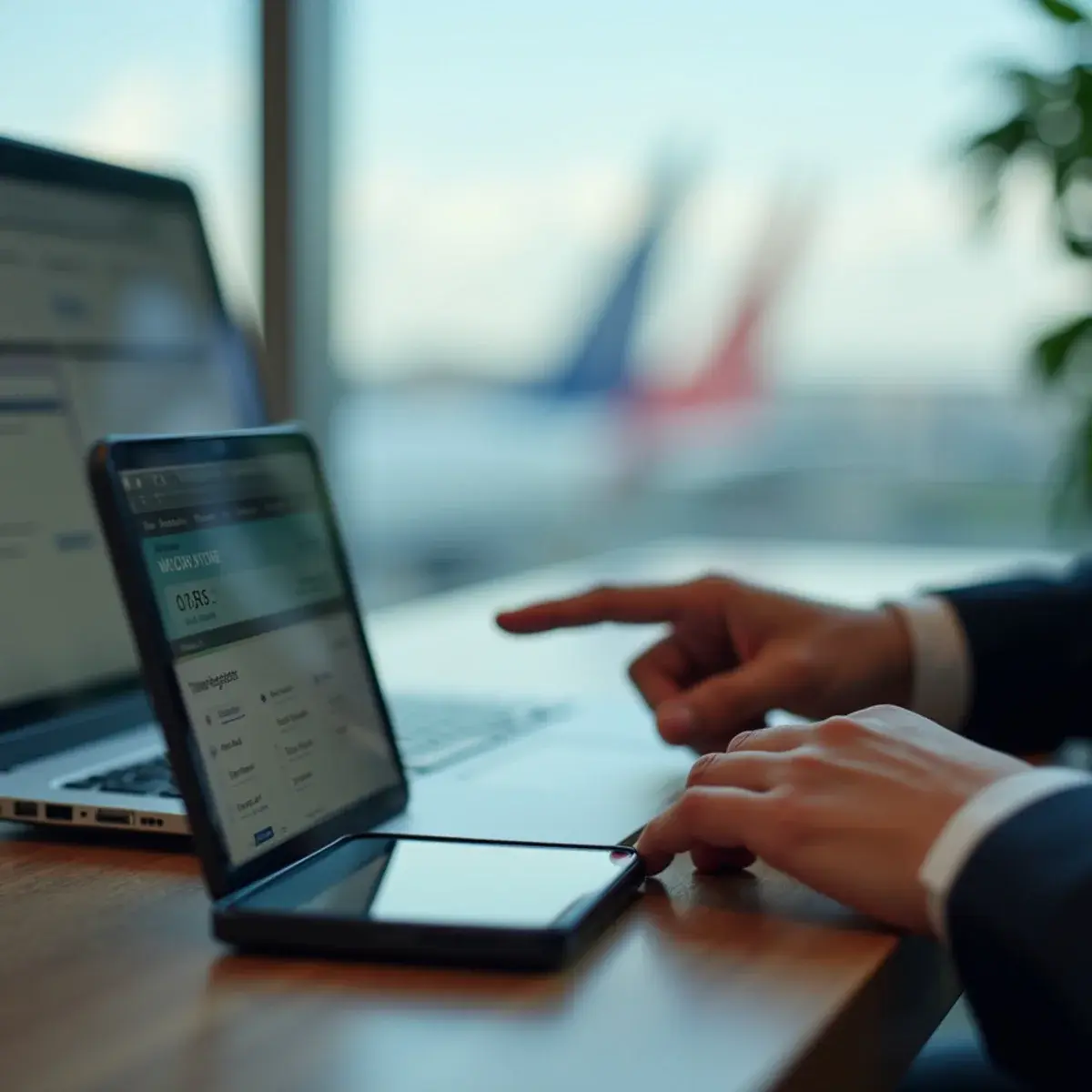 Manage My Booking: a close-up of a phone showing an airline confirmation code beside a laptop open to a booking, a hand pointing at the flight time, tidy desk