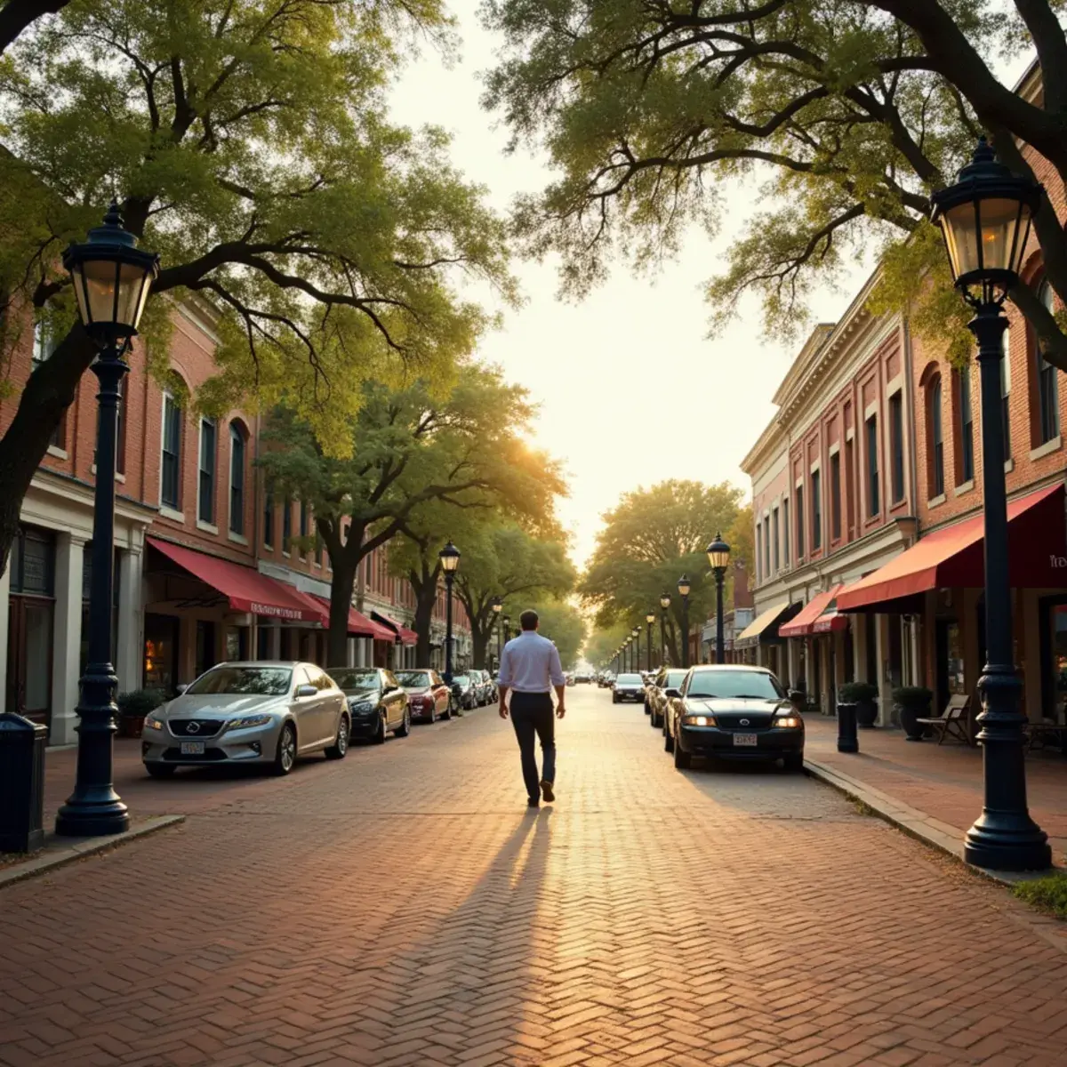 Fort Lauderdale to Huntsville: small Southern city main street with brick storefronts, live oaks, and a courthouse square in warm afternoon light