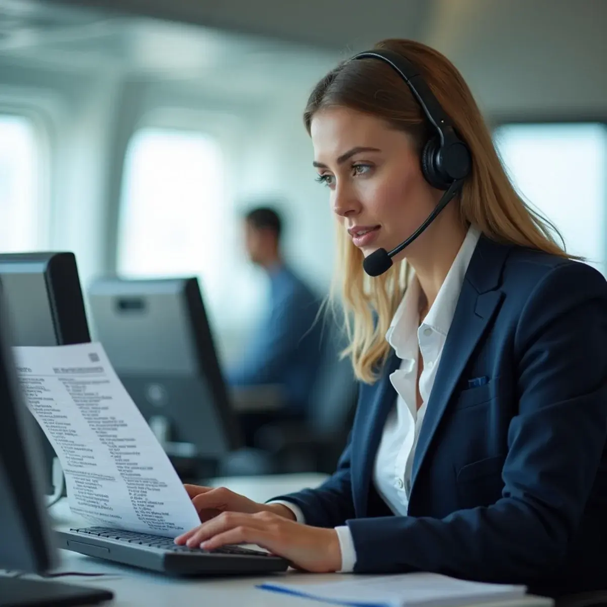 Book a Flight by Phone: a travel agent with a headset typing an itinerary while a printed passenger name list sits beside the keyboard