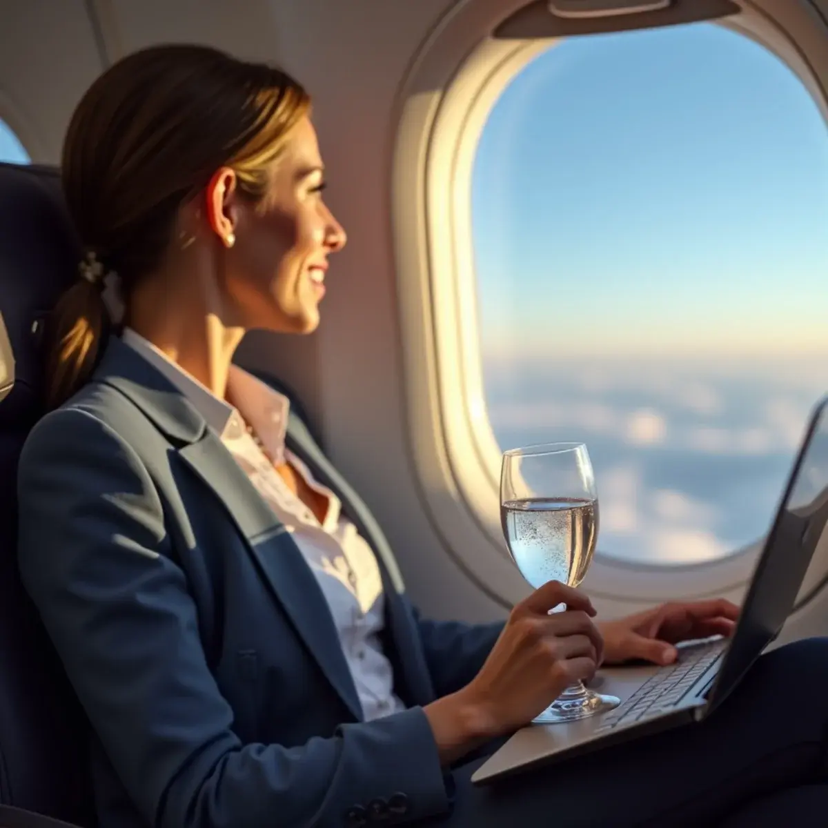 Business and First Class Fares: a lie-flat business class seat with a glass of sparkling water and a window view of clouds