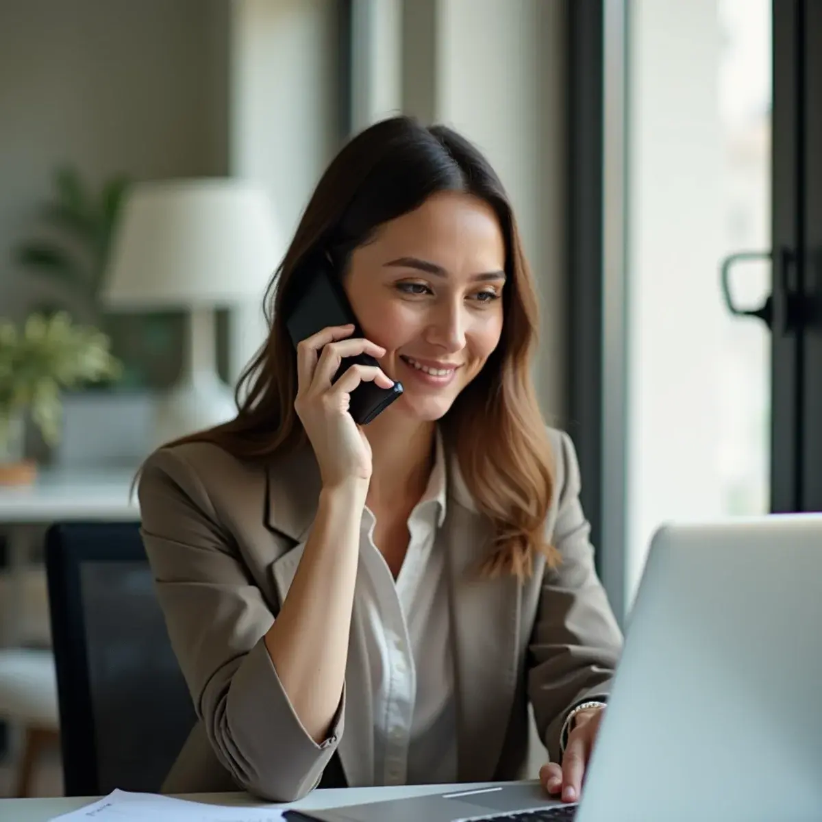 Flight Cancellations and Refunds: a woman at a home desk on the phone reviewing a refund confirmation on her laptop, calm