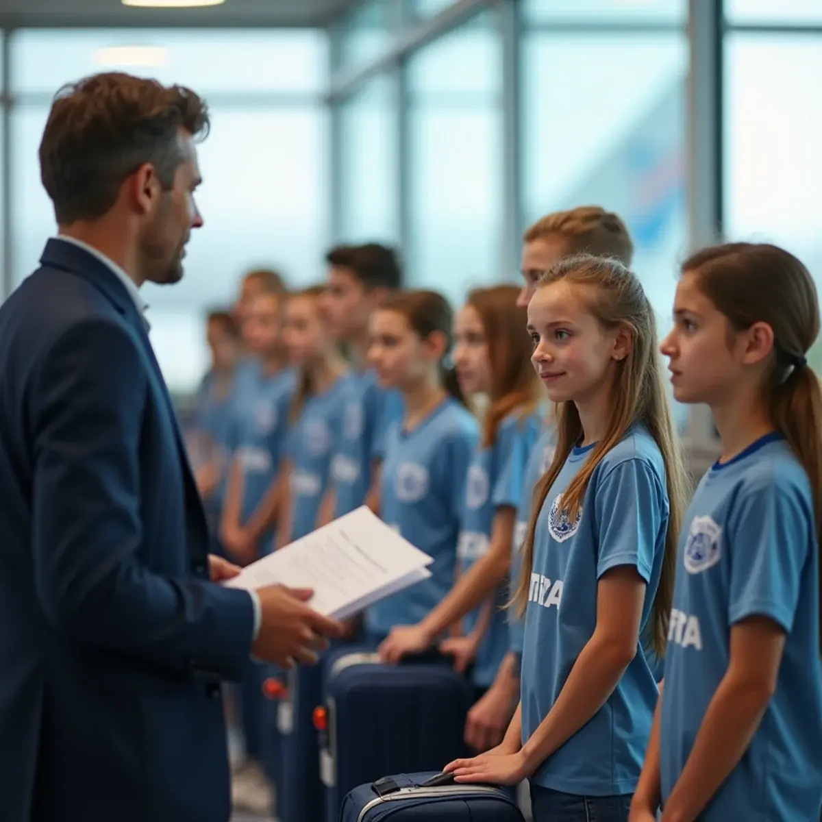 Group Flight Booking (10 or More): a youth sports team in matching plain jerseys lined up at an airport check-in with a coach holding papers