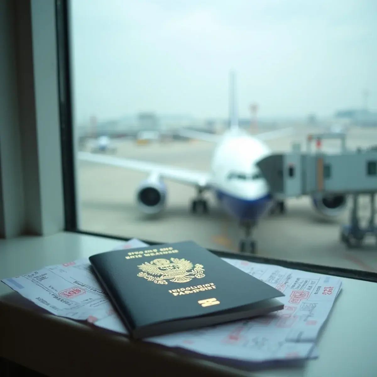 International Flight Booking: a passport with visa stamps and a boarding pass on an airport windowsill with a widebody jet outside