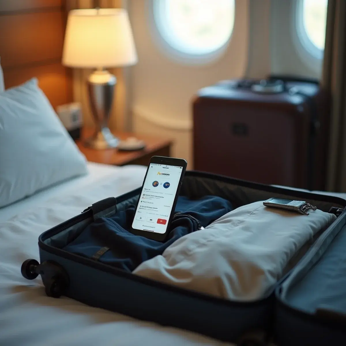 Last-Minute Flights: a packed carry-on open on a bed with a phone showing a flight confirmation, late afternoon light