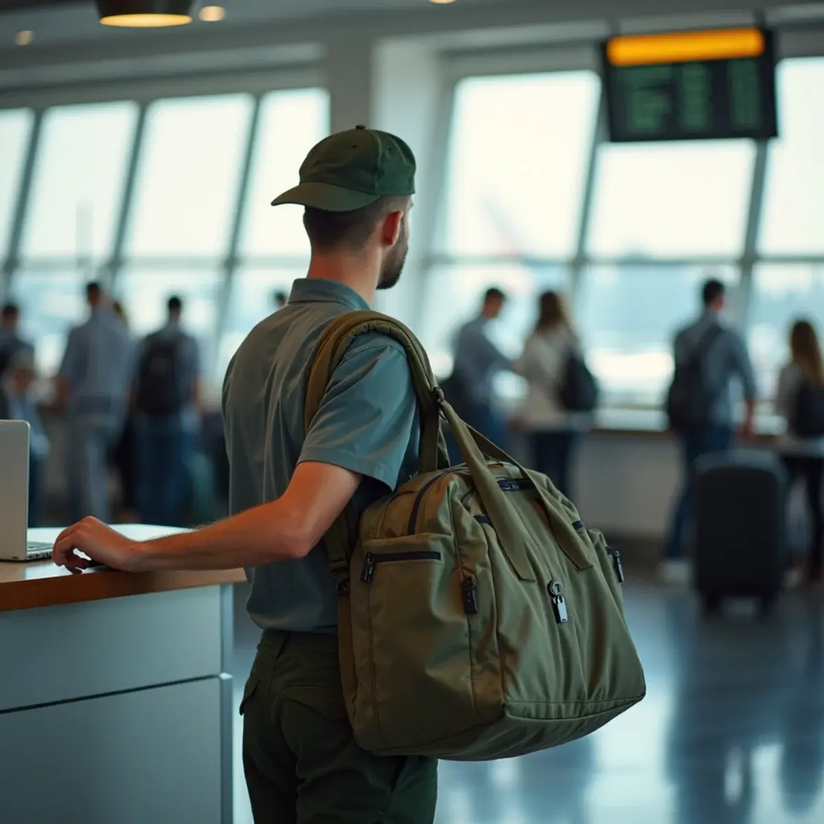 Military and Veteran Flights: a person in plain civilian clothes with a military-style duffel bag at an airport counter, no insignia