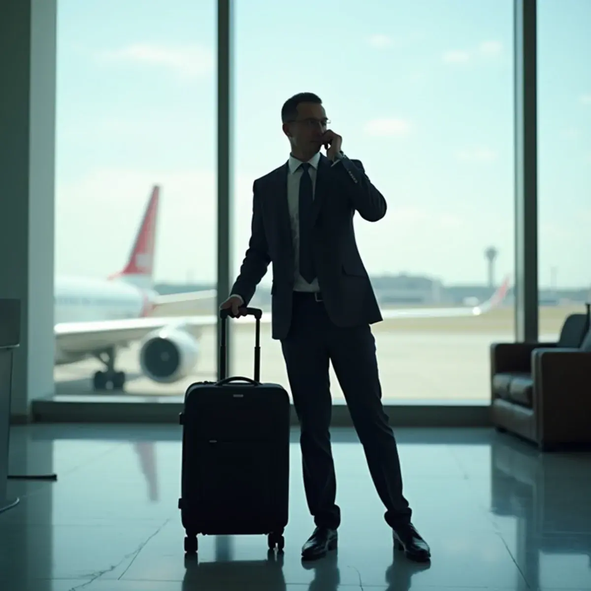 Missed Flight Rebooking: a traveler standing at a closed gate with a rolling bag, phone raised to ear, airport window behind