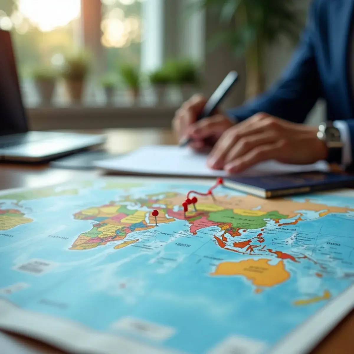 Multi-City and Open-Jaw Flights: a map on a desk with three cities connected by a red string and pins, passport and pen beside it
