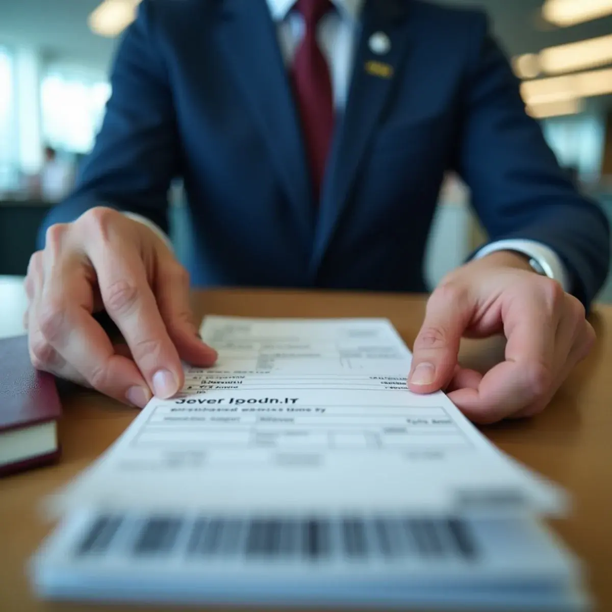 Name Correction on an Airline Ticket: a close-up of hands comparing the name on a passport to a printed boarding pass, agent's desk