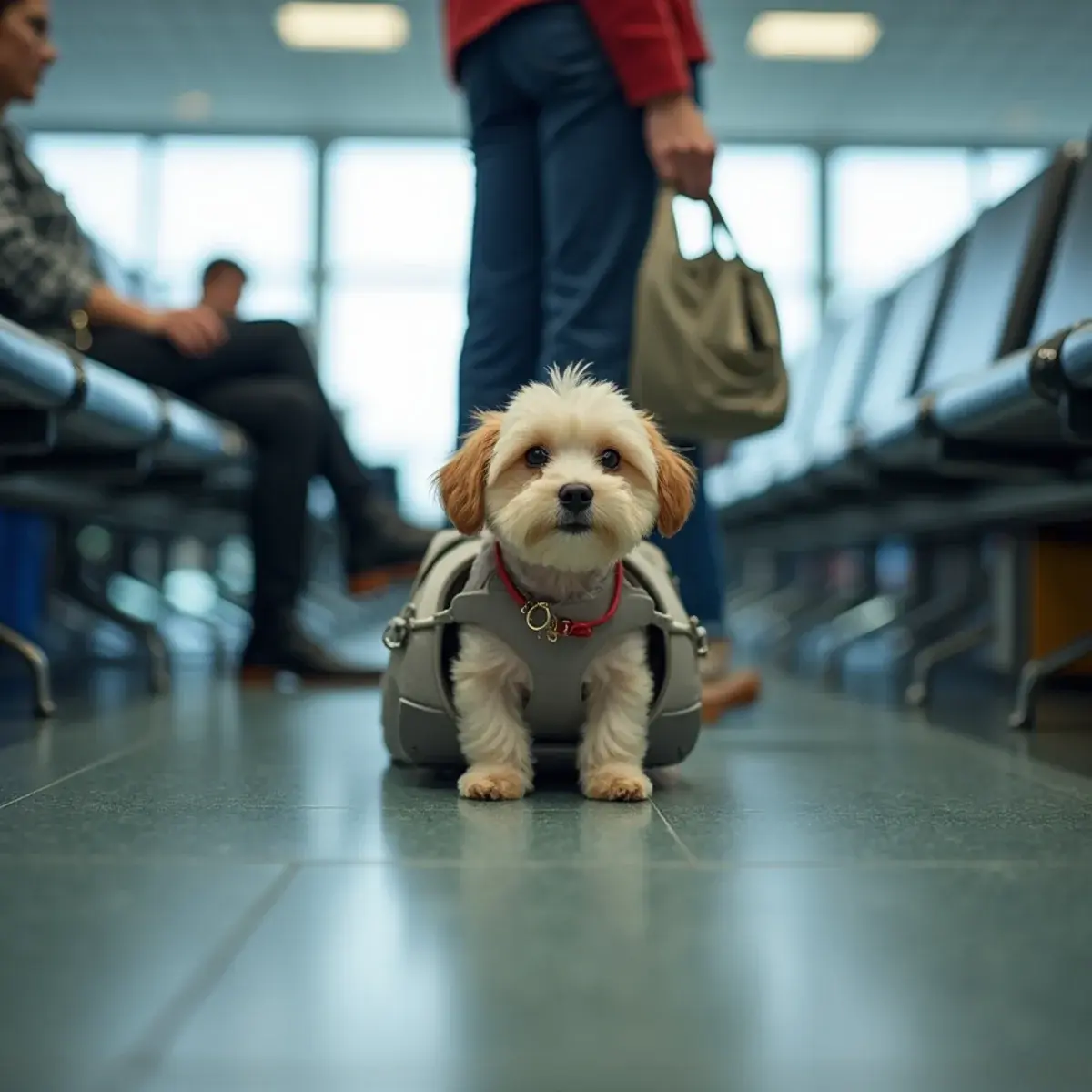 Flying with Pets: a small dog in a soft airline carrier at a traveler's feet in an airport waiting area
