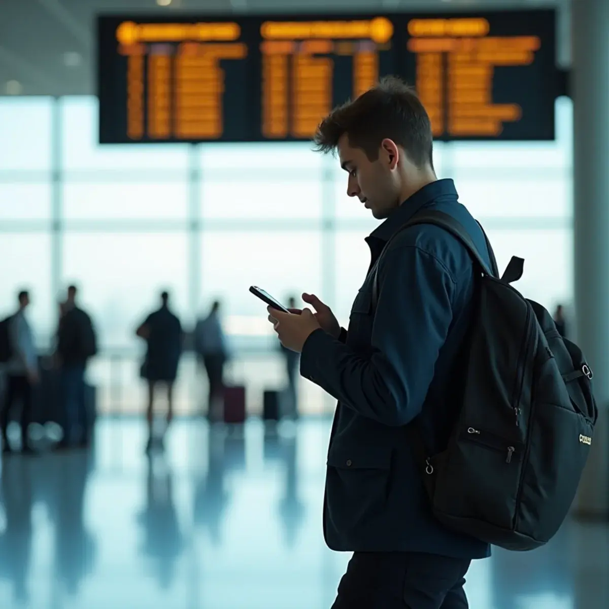 Same-Day and Emergency Flights: a traveler checking a phone while walking briskly through an airport concourse, same-day departure board