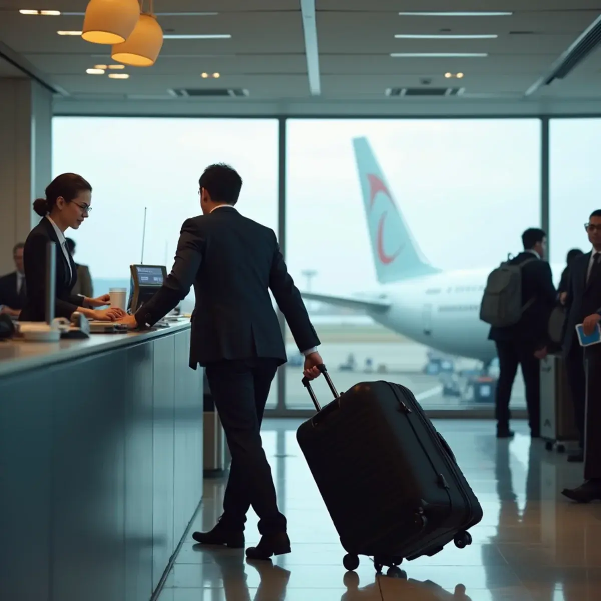 Seat Selection and Baggage Add-Ons: a traveler lifting a checked suitcase onto a scale at an airport counter, agent behind the desk