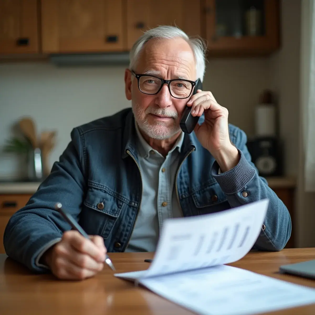 Senior Flight Booking: an older man at a kitchen table on the phone with reading glasses and a printed itinerary, morning light