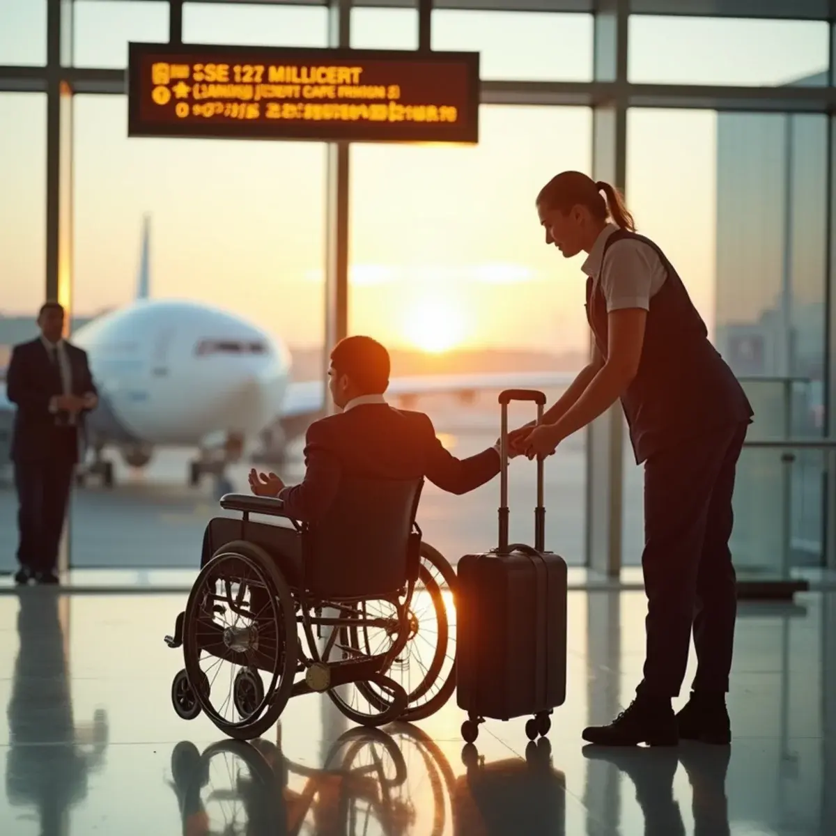 Wheelchair and Special Assistance: an airport assistant in plain workwear helping a traveler in a wheelchair at a gate, warm daylight