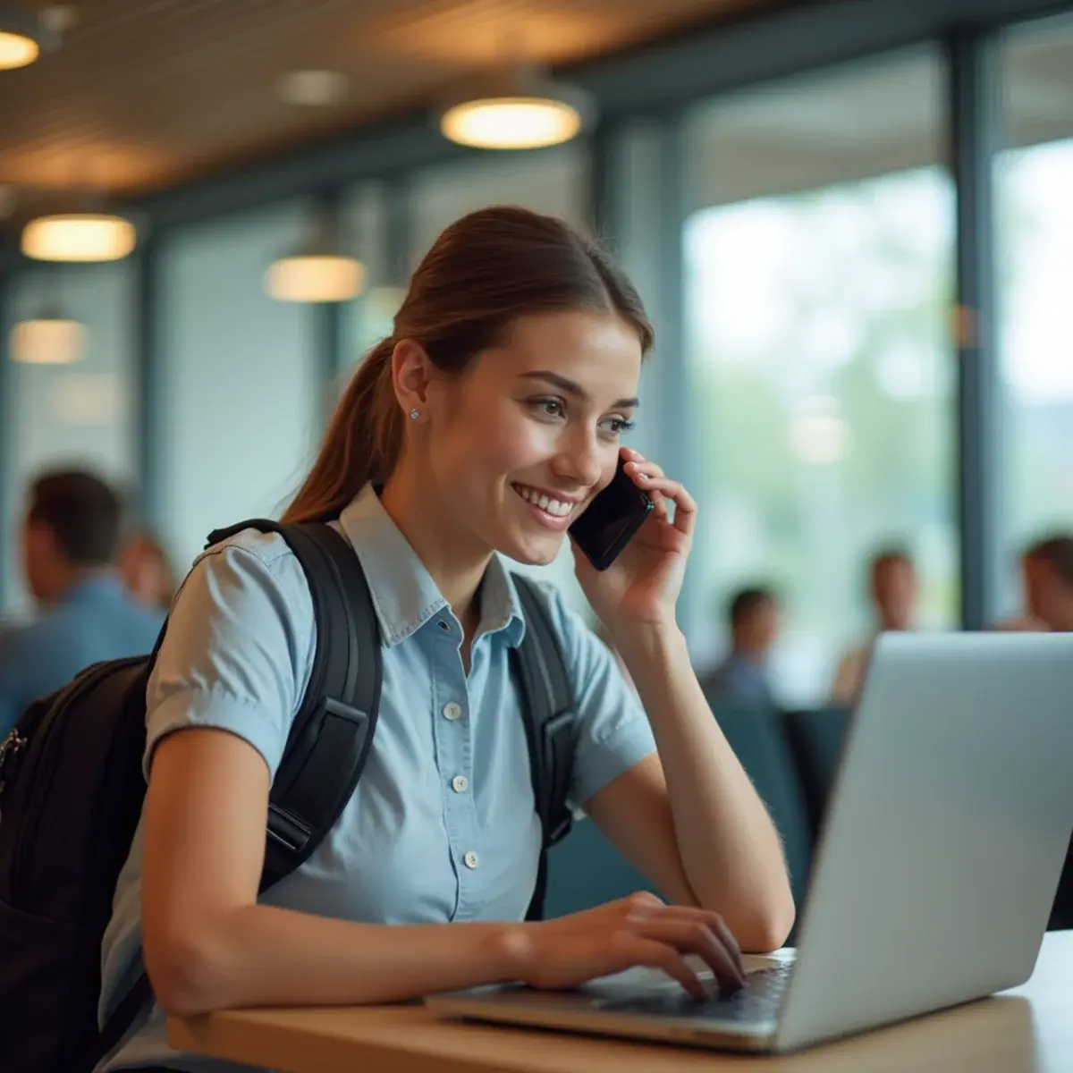 Student Flights: a student with a backpack and laptop at a campus cafe on the phone booking a flight home