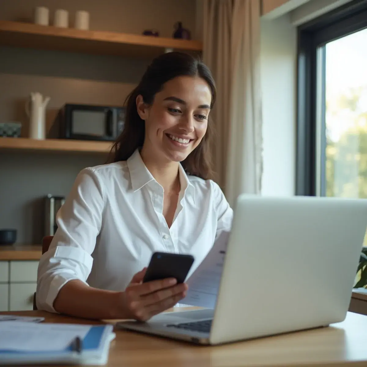 Using Flight Credits and Vouchers: a person at a laptop holding a printed voucher, phone in the other hand, kitchen table, daylight