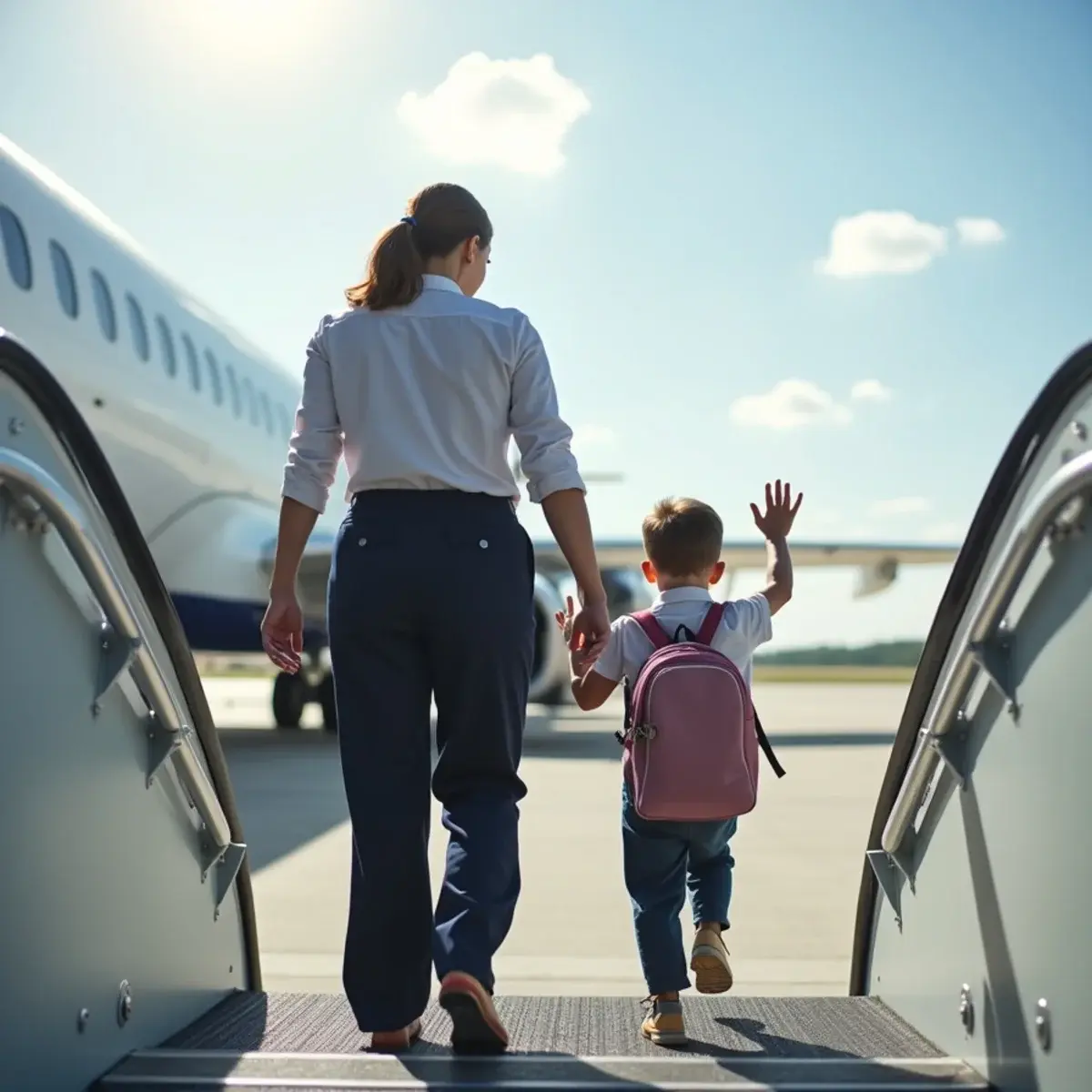 Unaccompanied Minor Flights: an airline agent in plain uniform walking a child with a small backpack down a jet bridge, parent waving