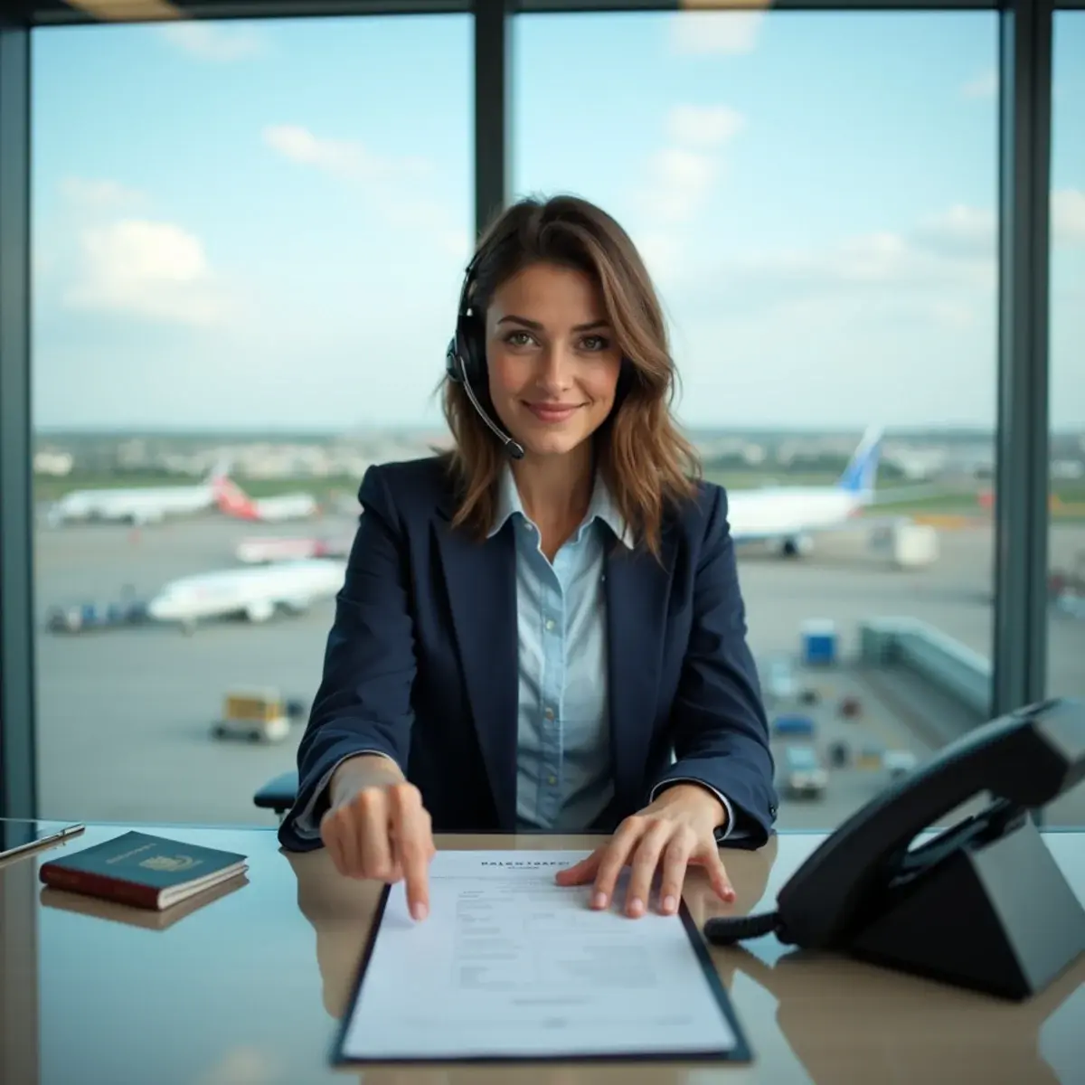 Flight booking services by phone: a travel agent's desk with a headset, a printed itinerary, a passport, and a phone, hands pointing at a highlighted flight line