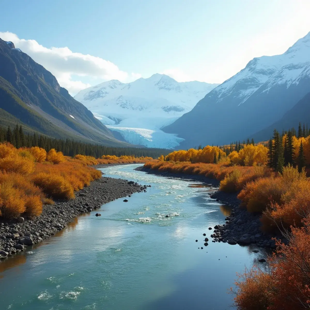 Flights to Alaska: Alaska Denali with a glacial river and autumn tundra