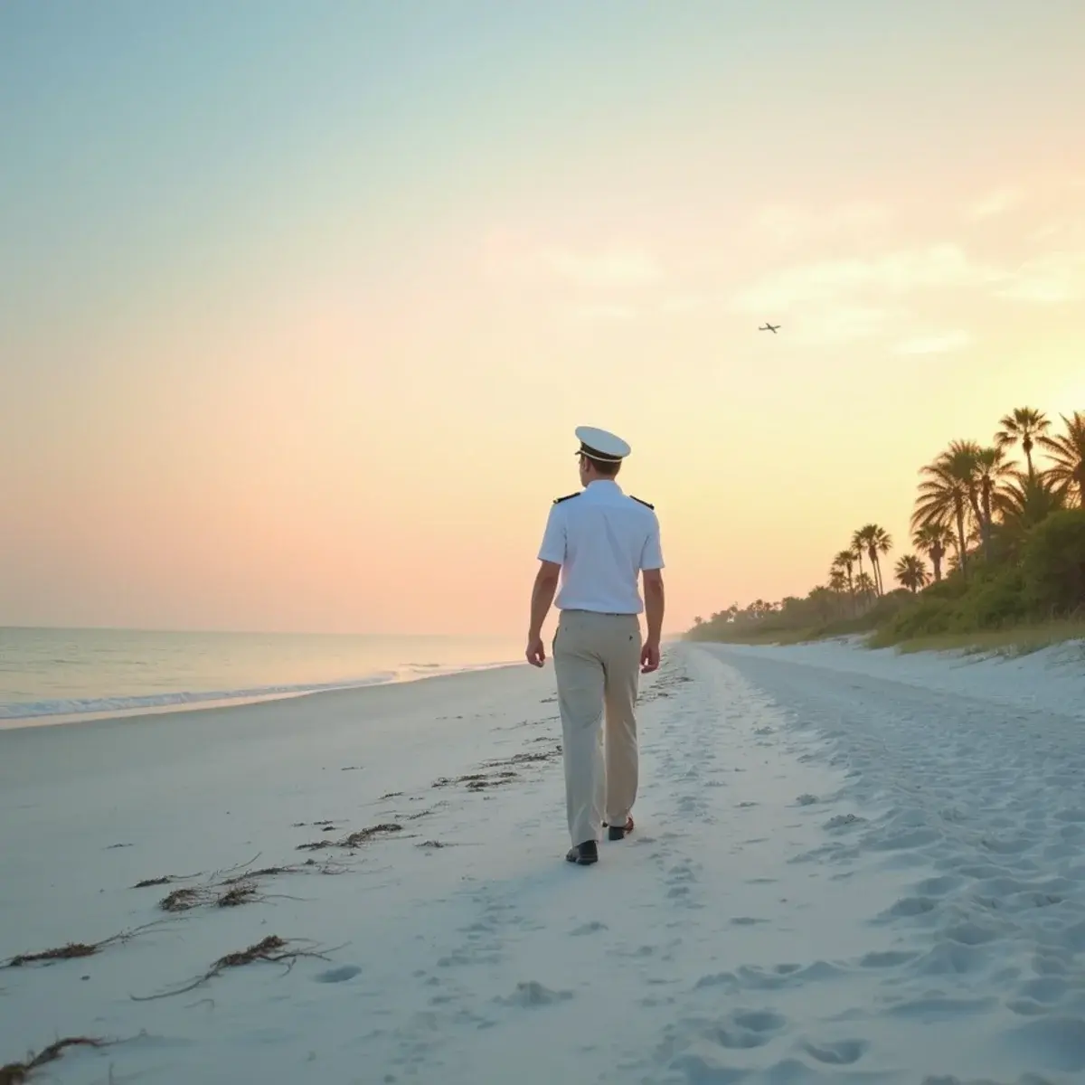 Flights to Florida: Florida Gulf beach with white sand, palms, and a pastel sunset