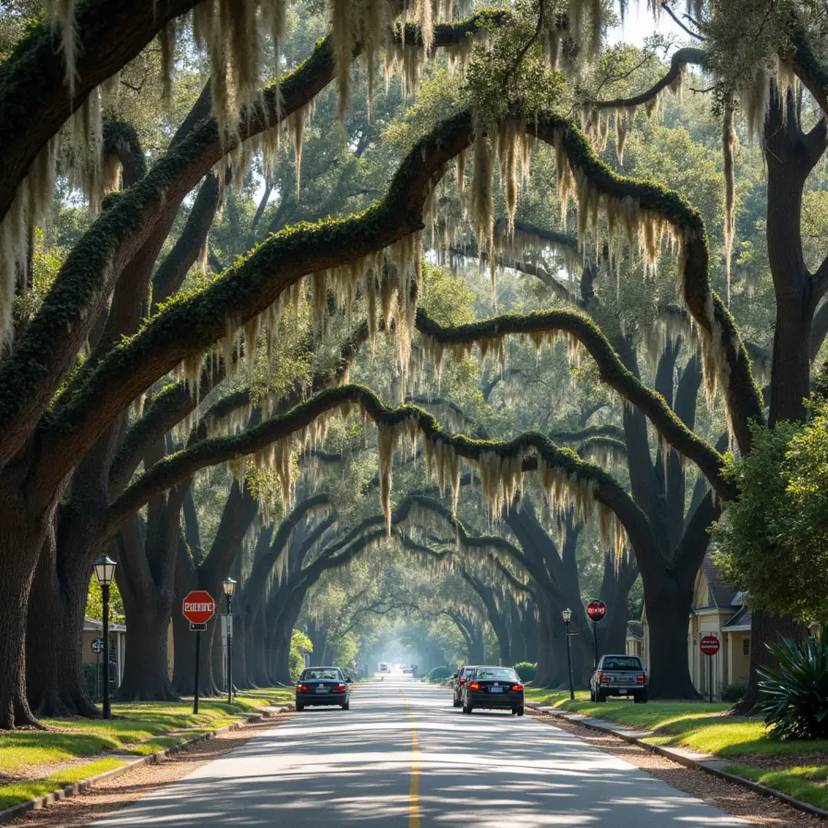 Flights to Georgia: Georgia Savannah live oaks draped in Spanish moss over a quiet street