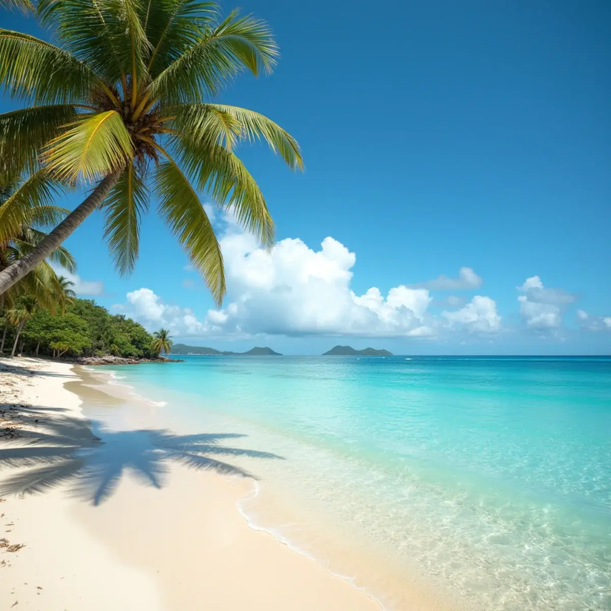 Flights to Guam: Guam Tumon Bay beach with palms and coral reef water