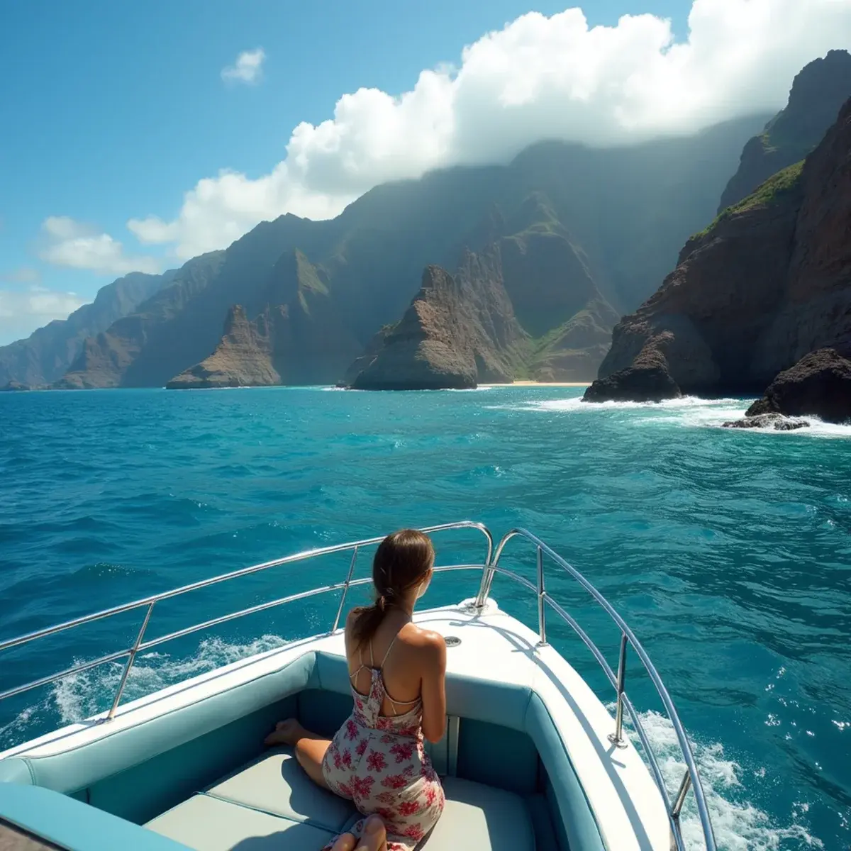 Flights to Hawaii: Hawaii Na Pali Coast cliffs and turquoise water from a boat