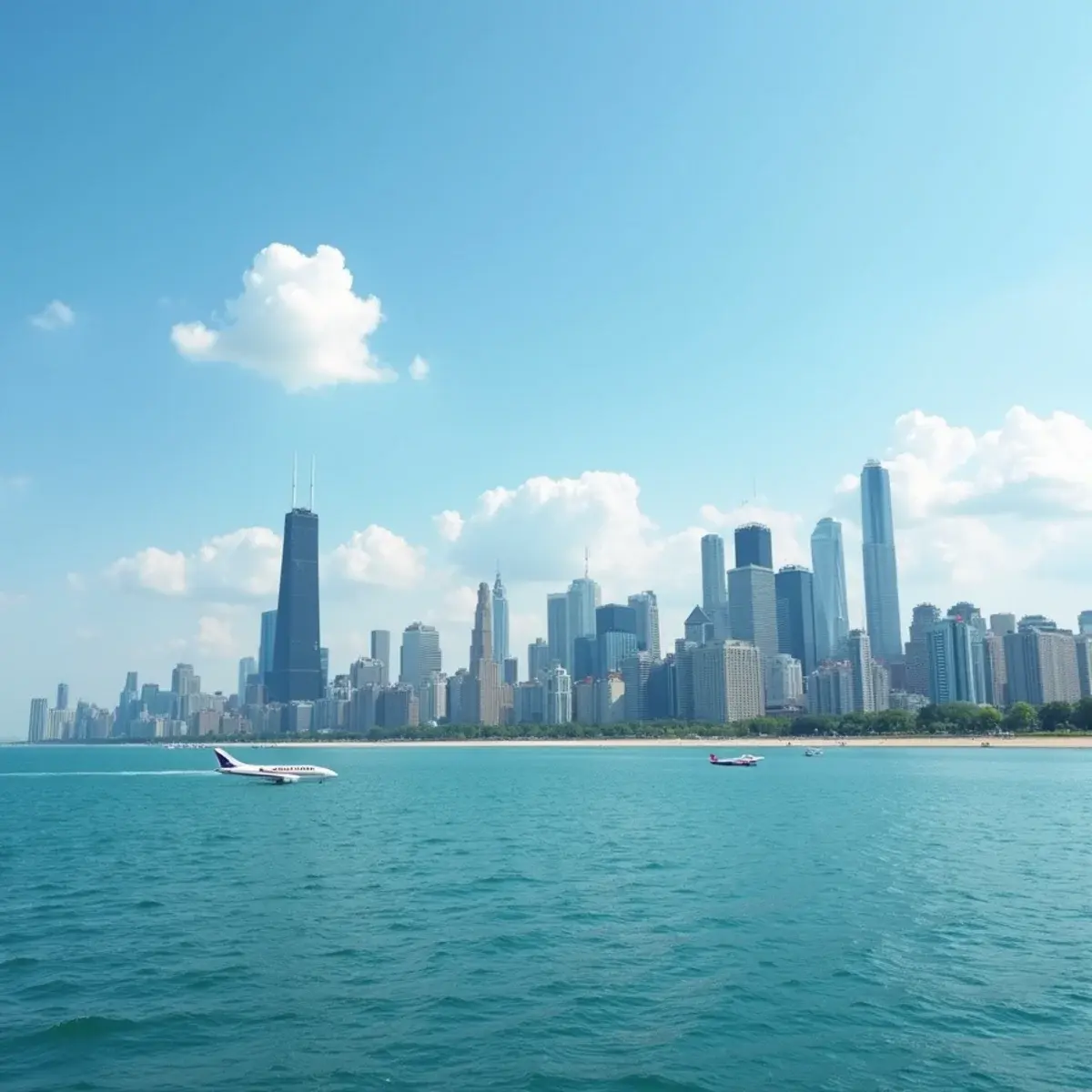 Flights to Illinois: Illinois Chicago lakefront skyline from Lake Michigan, summer
