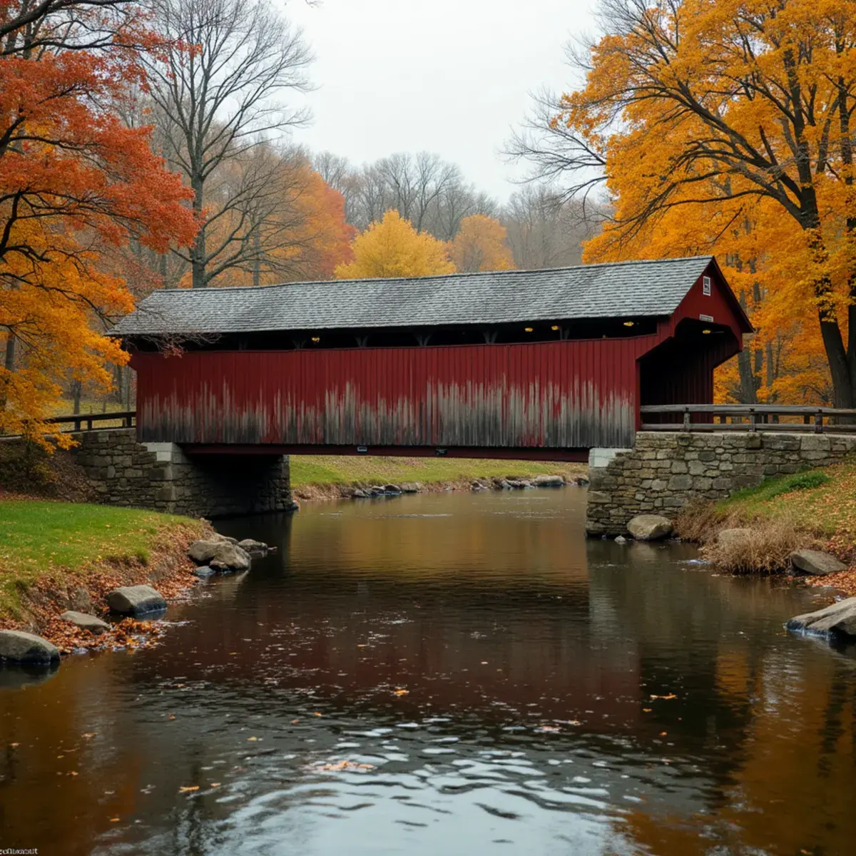 Flights to Indiana: Indiana covered bridge over a creek in Parke County, autumn
