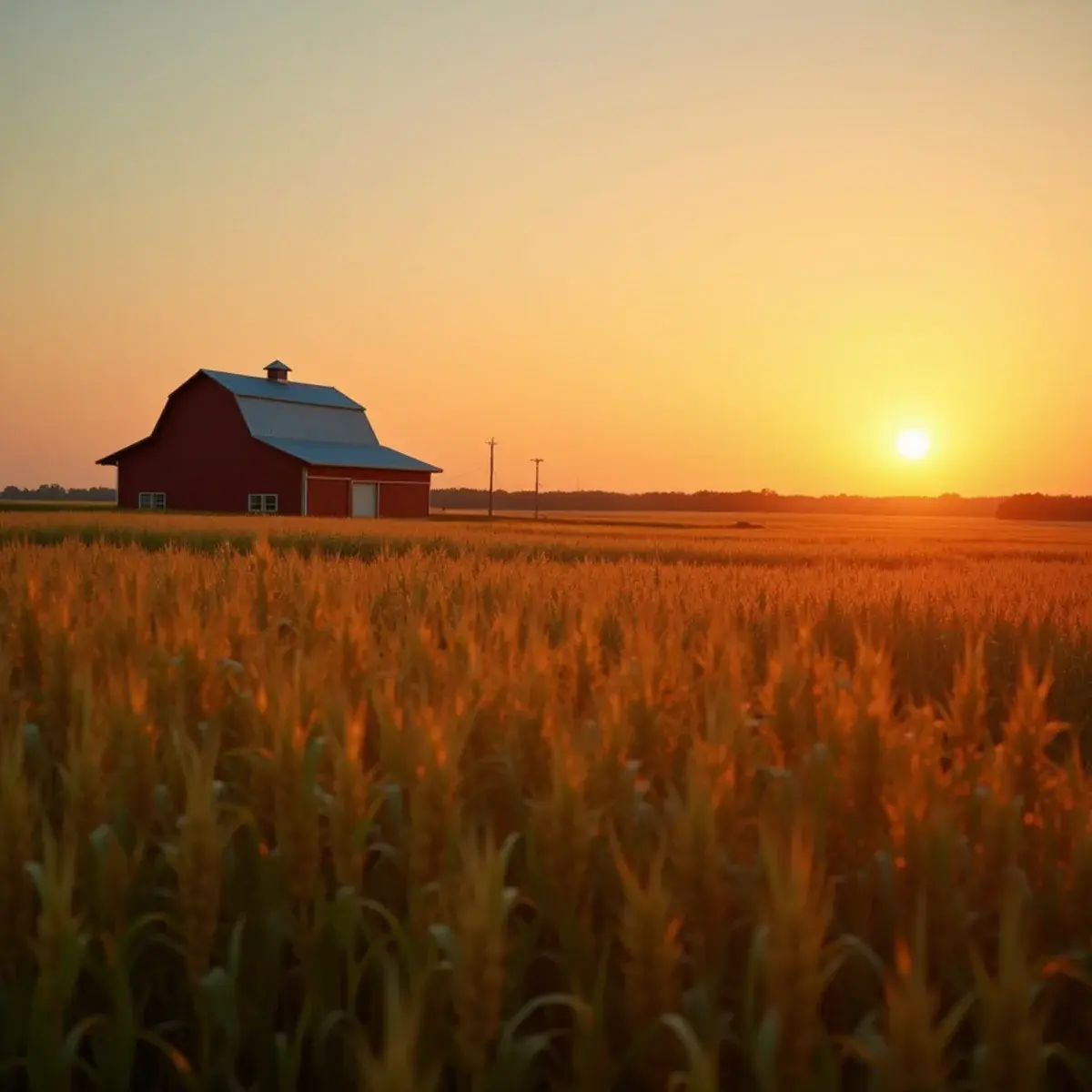 Flights to Iowa: Iowa rolling cornfields with a red barn at sunset