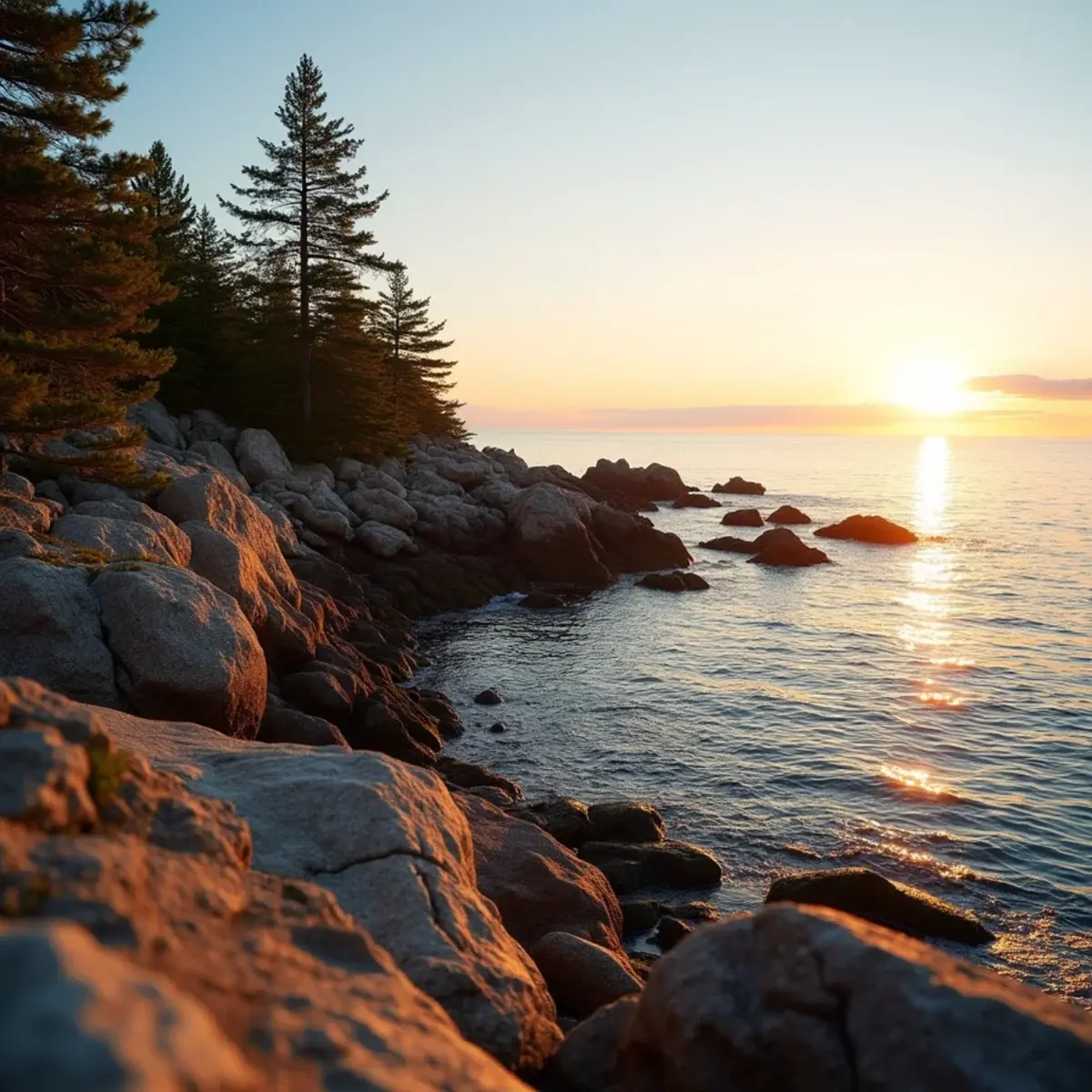 Flights to Maine: Maine Acadia National Park rocky coast at sunrise with pines