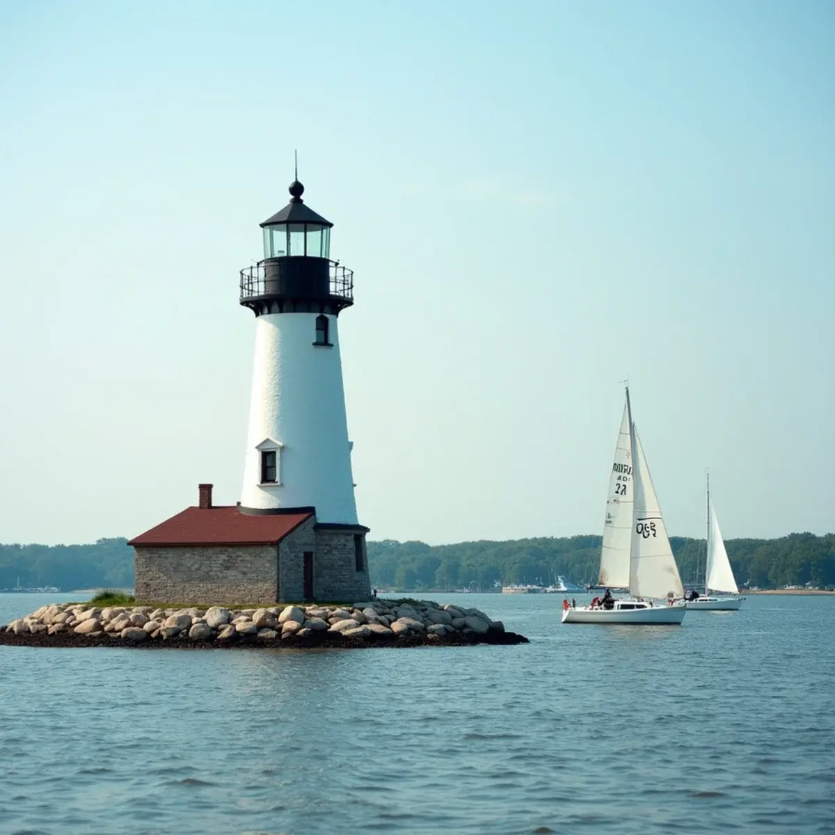 Flights to Maryland: Maryland Chesapeake Bay lighthouse with sailboats, summer