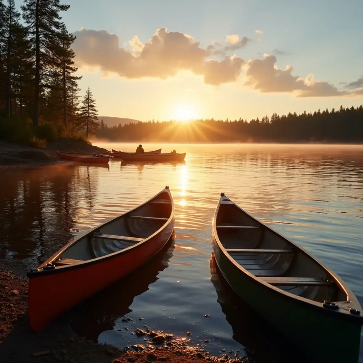 Flights to Minnesota: Minnesota Boundary Waters lake with canoes at sunrise, pine shoreline