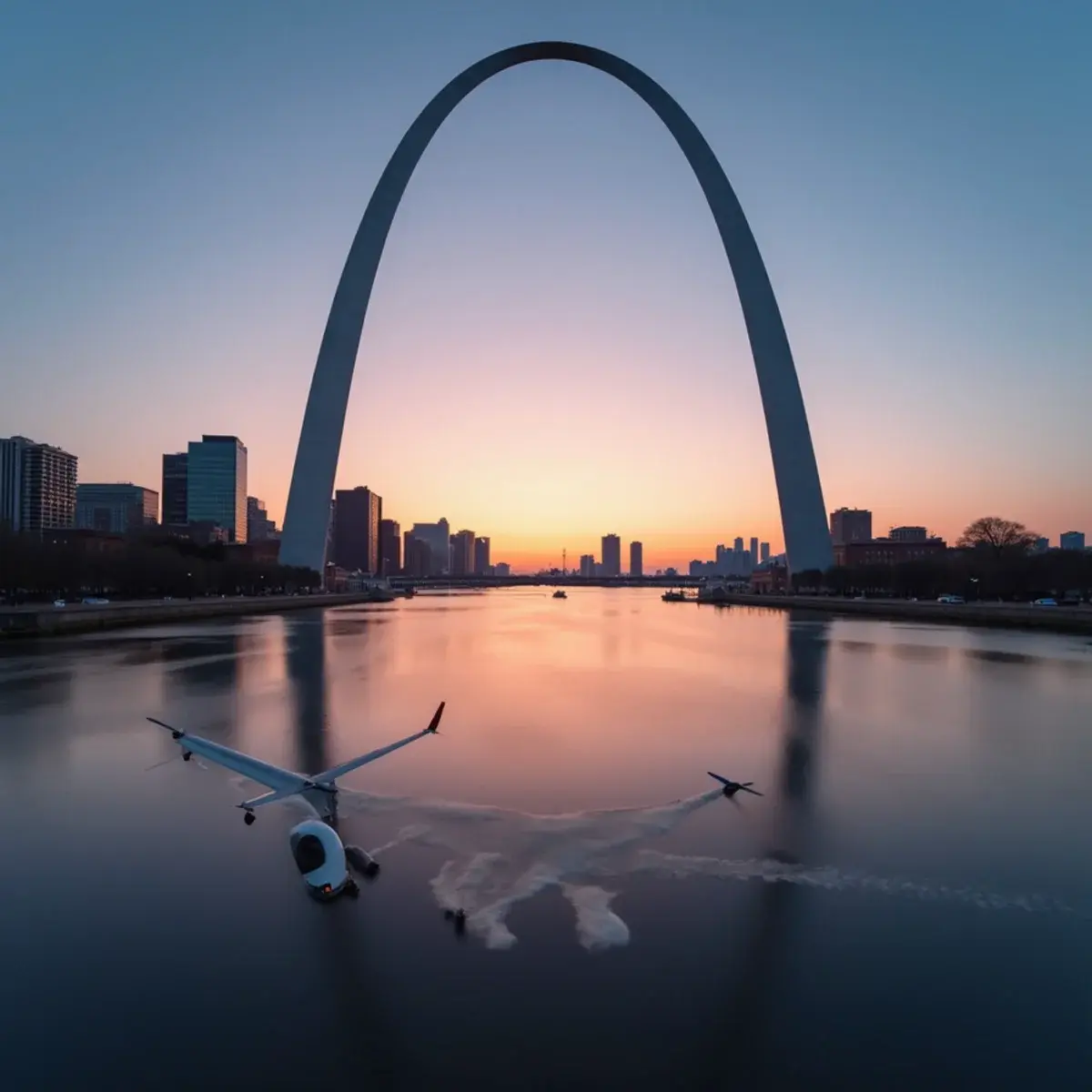 Flights to Missouri: Missouri St. Louis Gateway Arch from the riverfront at dusk