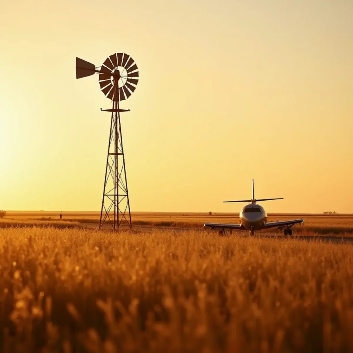 Flights to Nebraska: Nebraska Sandhills prairie with a windmill at golden hour