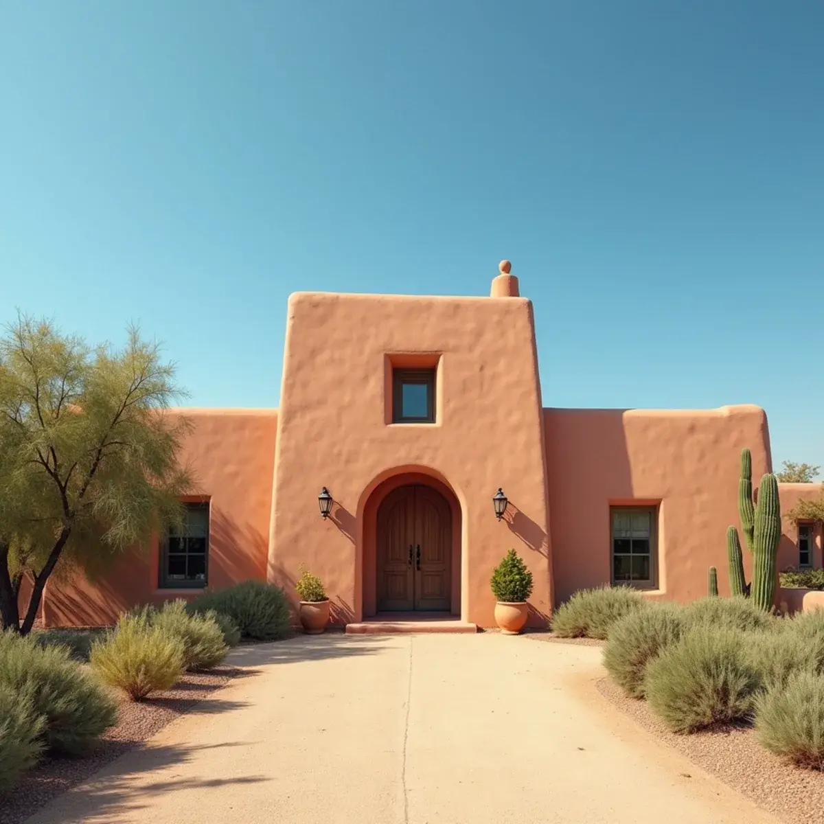 Flights to New Mexico: New Mexico Santa Fe adobe architecture with chile ristras and blue sky