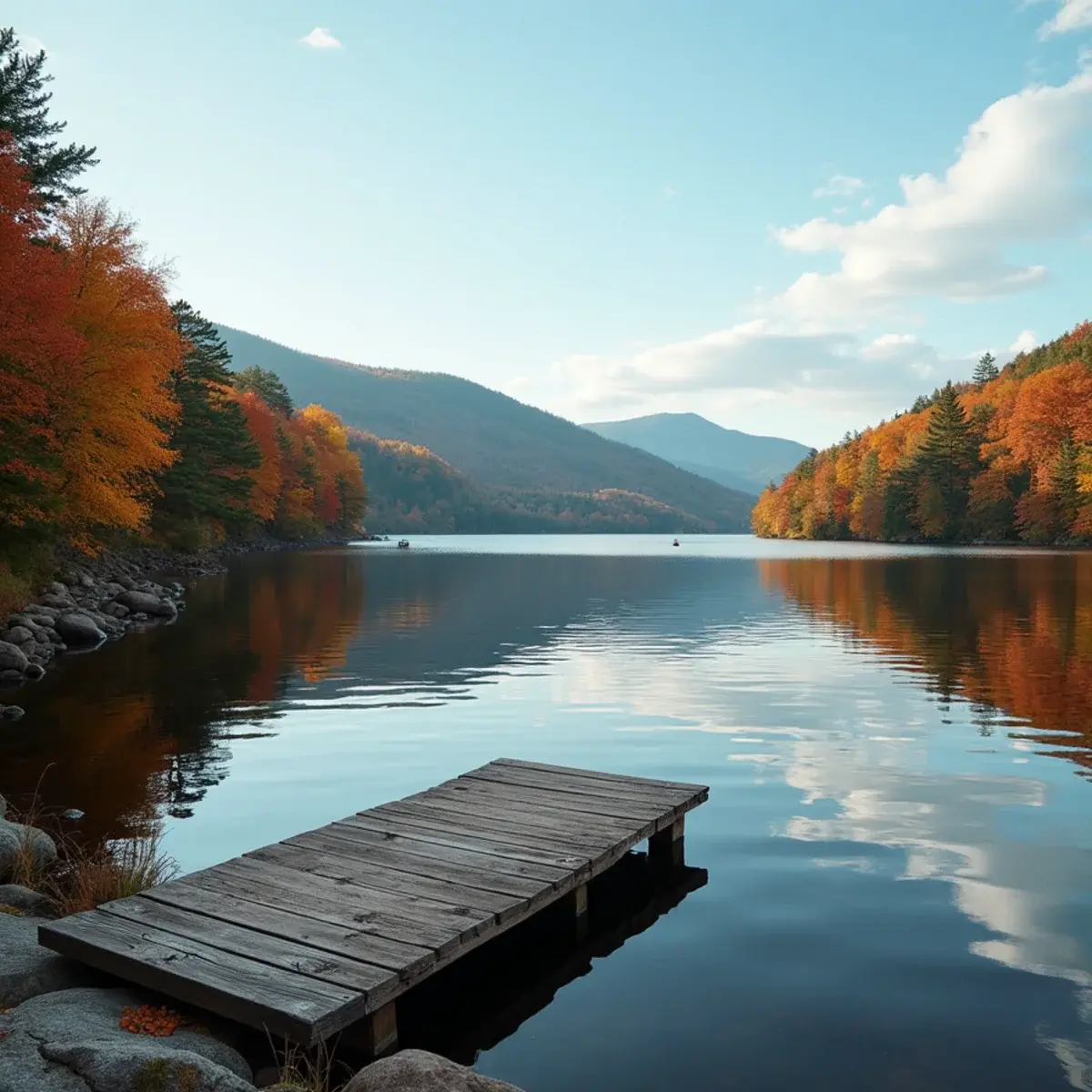 Flights to New York: New York Adirondack lake with autumn foliage and a wooden dock