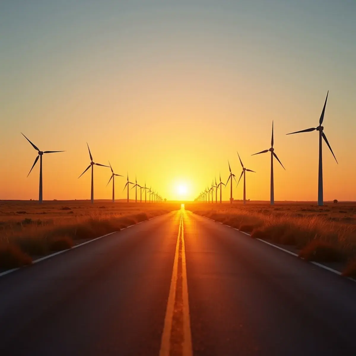 Flights to Oklahoma: Oklahoma prairie wind farm at sunset with a long straight road
