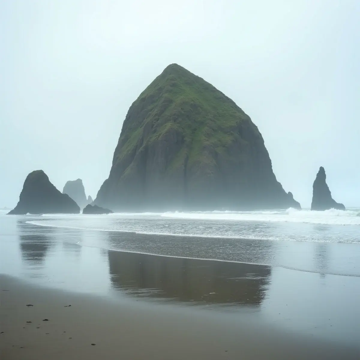 Flights to Oregon: Oregon Cannon Beach Haystack Rock at low tide, misty morning