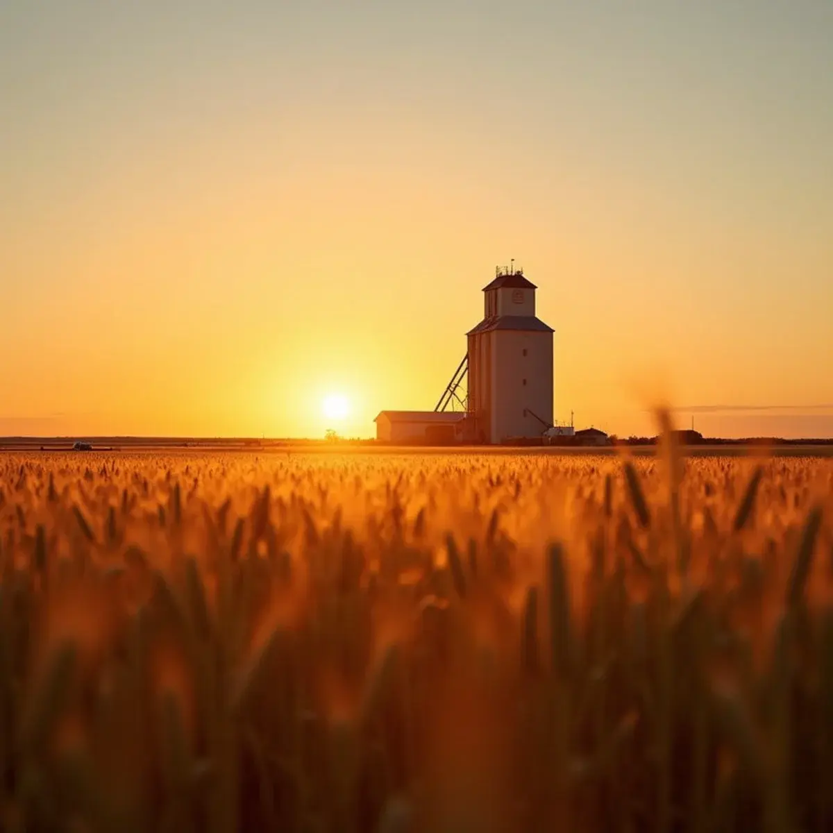 Flights to Saskatchewan: Saskatchewan wheat fields at sunset with a grain elevator