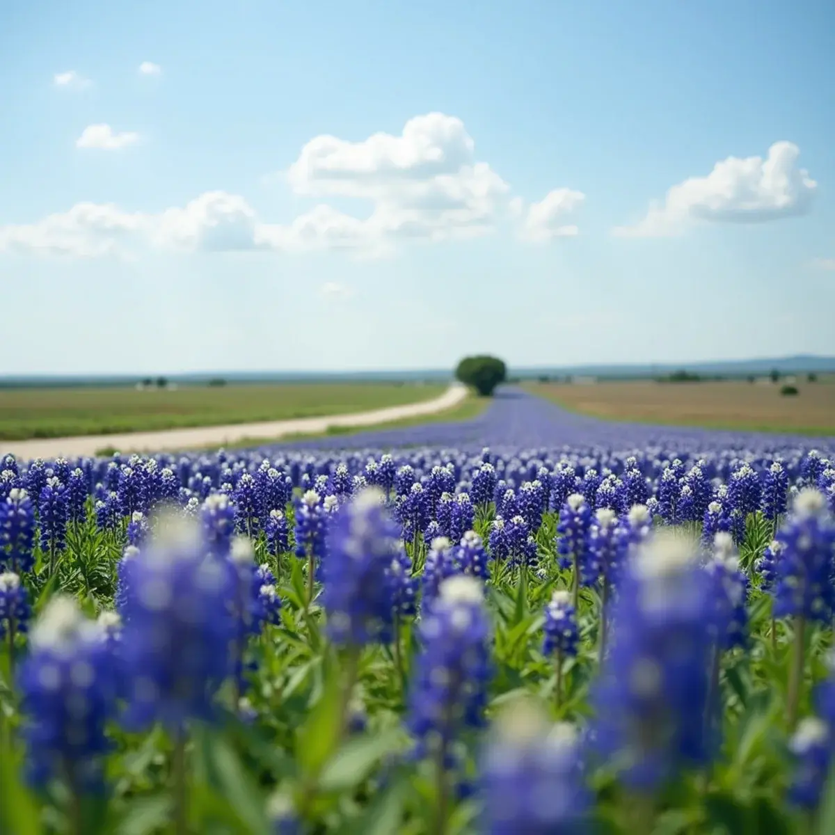 Flights to Texas: Texas Hill Country bluebonnet field with a ranch road, spring