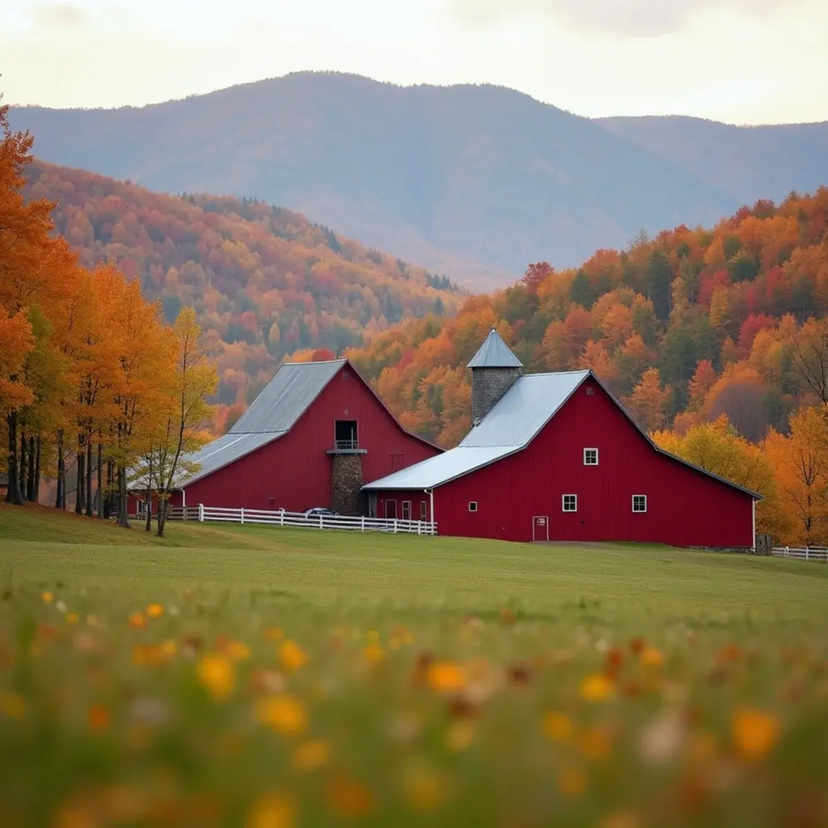 Flights to Vermont: Vermont red barn and maple hills in peak autumn foliage